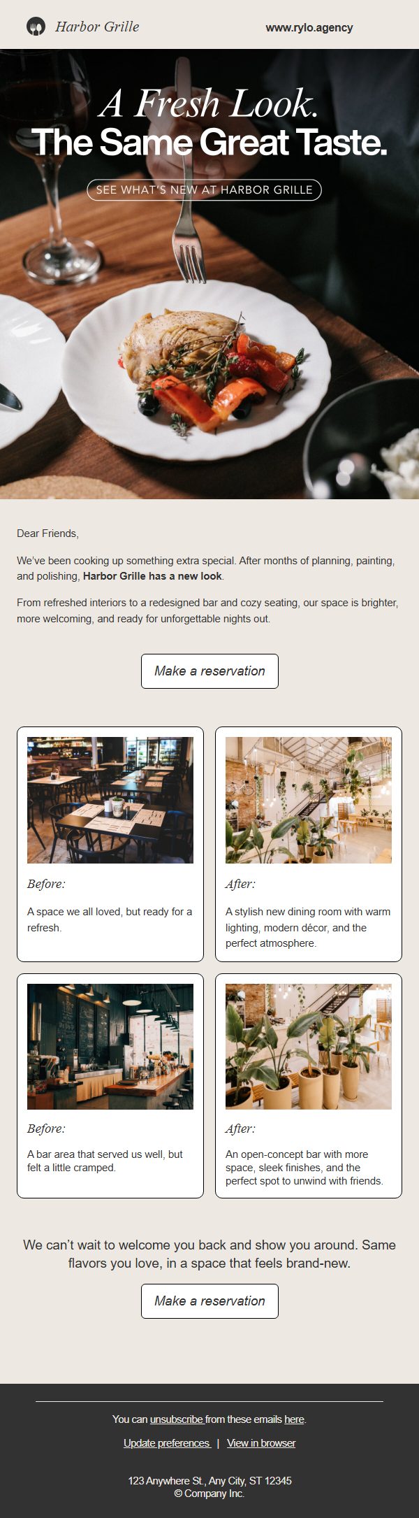 Harbor Grille restaurant renovation-reveal email template, beige and black with before-and-after photos