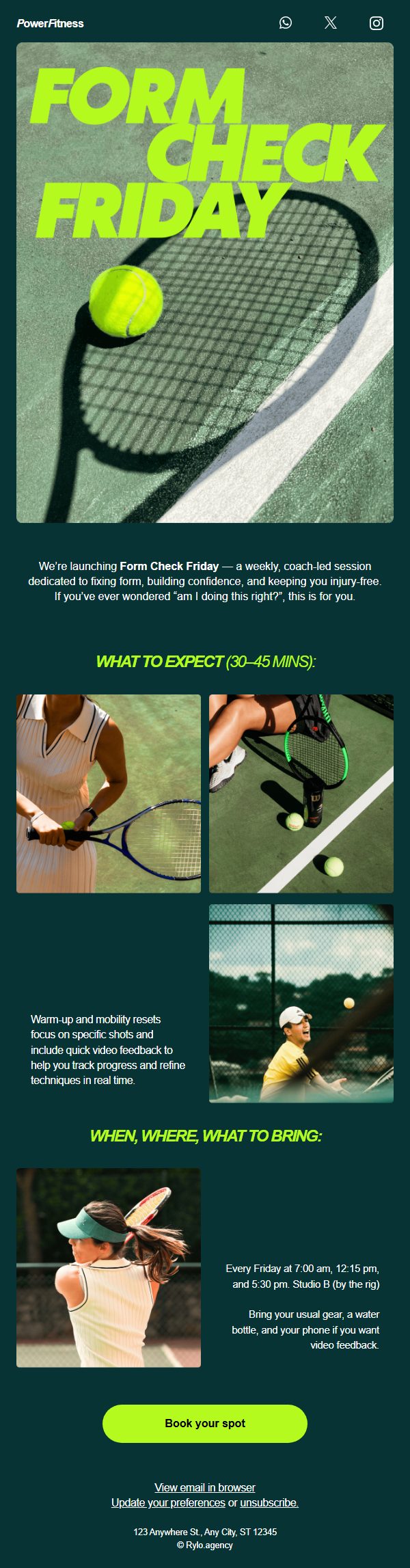 Power Fitness weekly class announcement email template, dark green and neon yellow