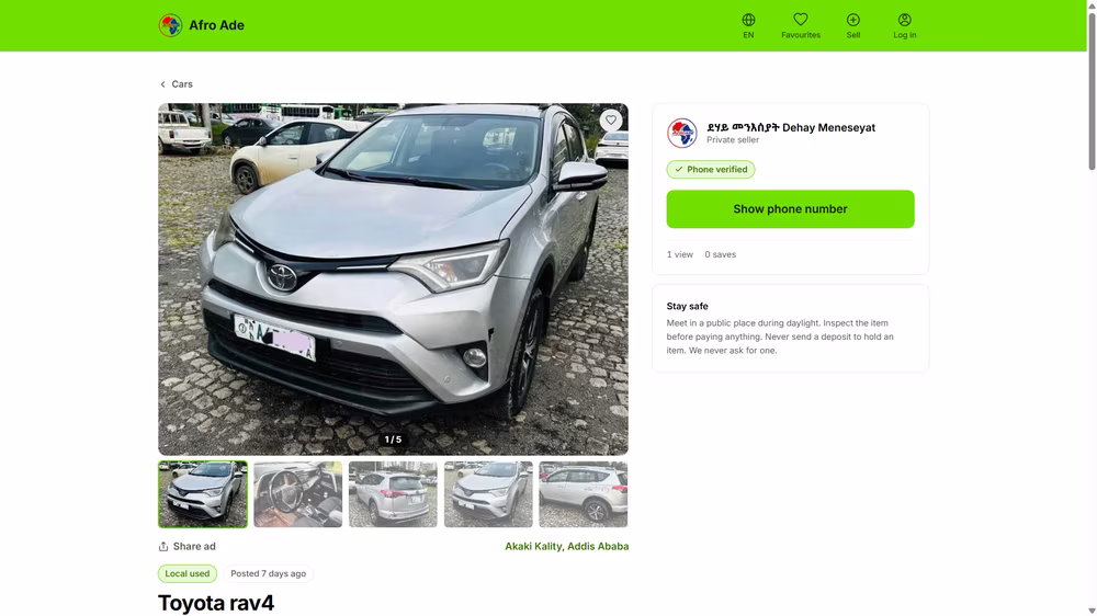 Afro Ade listing detail page with phone-verified seller