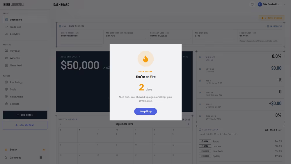 Birr Journal dashboard, with challenge tracker and daily streak