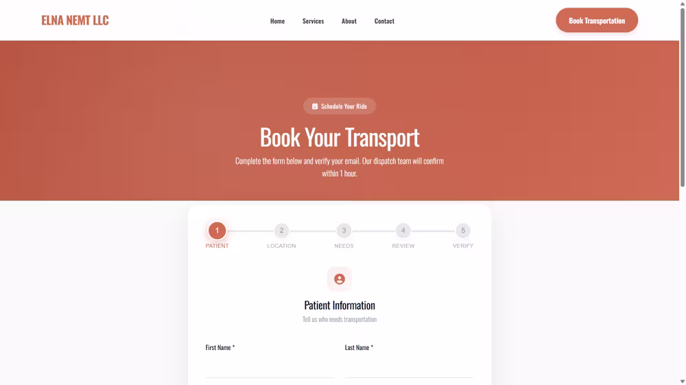 ELNA NEMT booking form, step one: patient information