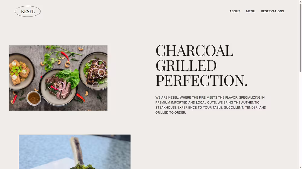 Kesel Steakhouse about section — Charcoal grilled perfection