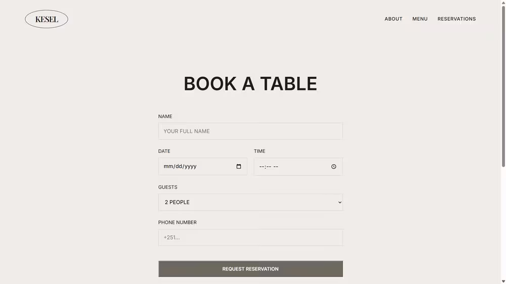 Kesel Steakhouse table reservation form
