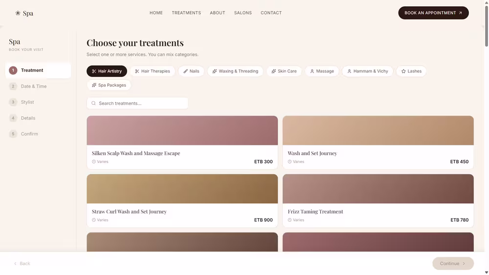 Boston Day Spa booking flow, step one: choose your treatments